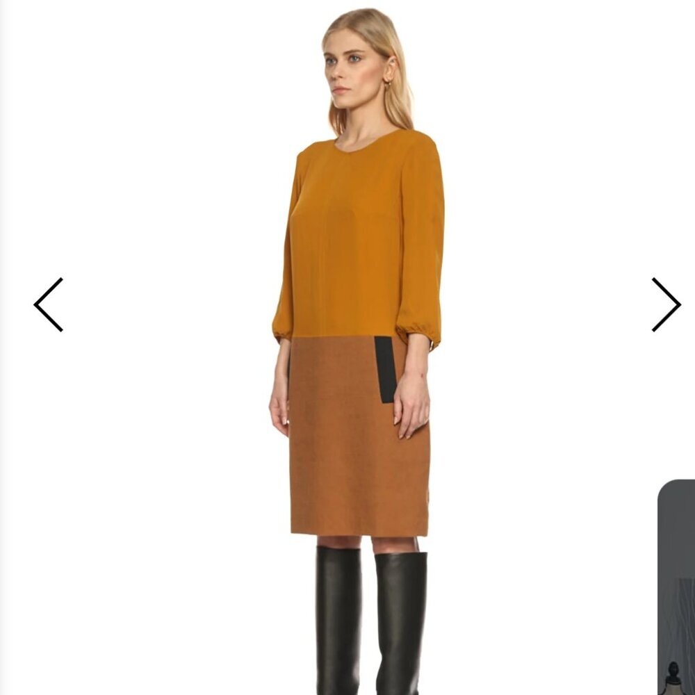Longchamp Drop Waist Mustard and Tan/Brown Dress Sz 36 Linen Blend